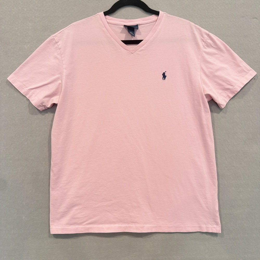 Polo Ralph Lauren Classic Fit Pink V-Neck Short Sleeve Cotton Navy Logo Tee M